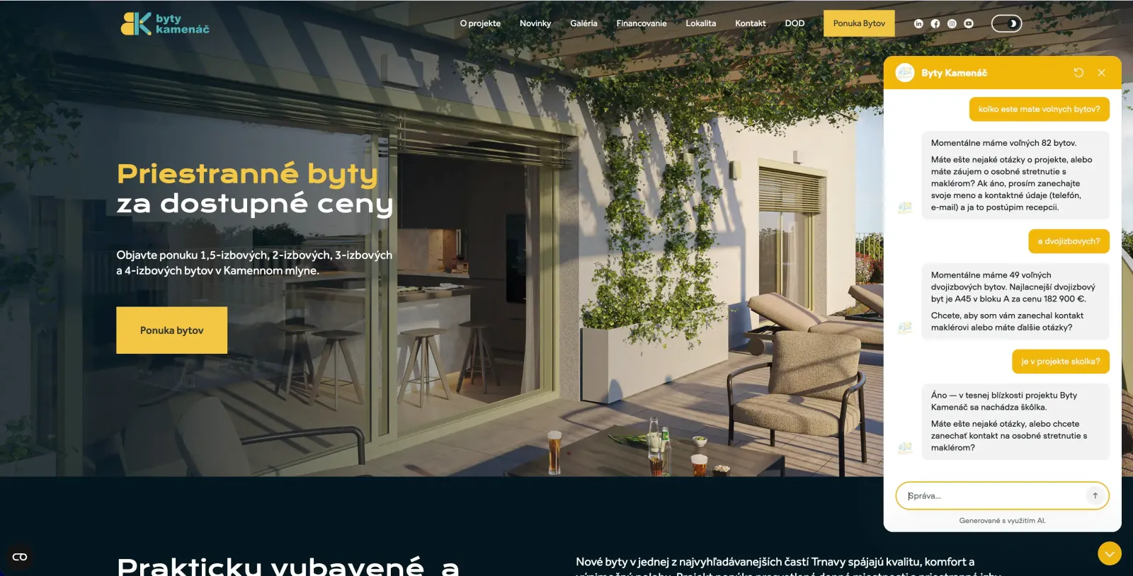AI chatbot na webstránke bytykamenac.sk — ukážka konverzácie o dostupnosti a cenách bytov v Trnave