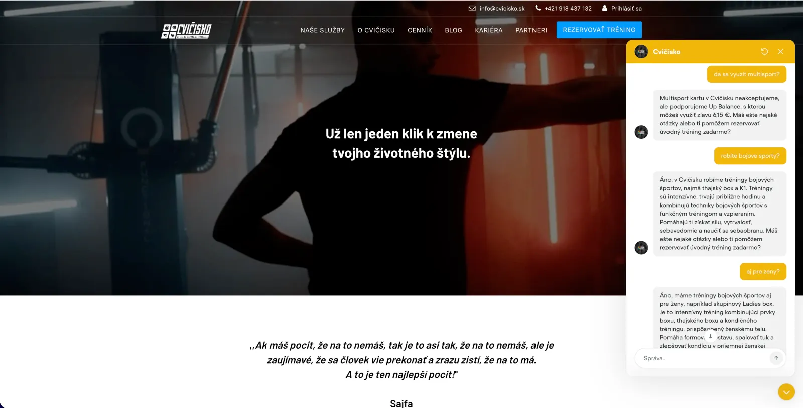 AI chatbot na webstránke cvicisko.sk — ukážka onboardingu nového klienta pre osobného trénera